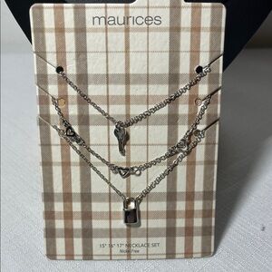 Maurices Triple Strand Silver Heart Key and Lock Necklace Set. New Lace